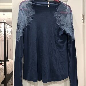 Free people navy top with lace shoulder detail
